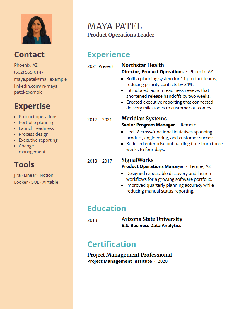 Integrity free resume template featuring fictional product operations leader Maya Patel